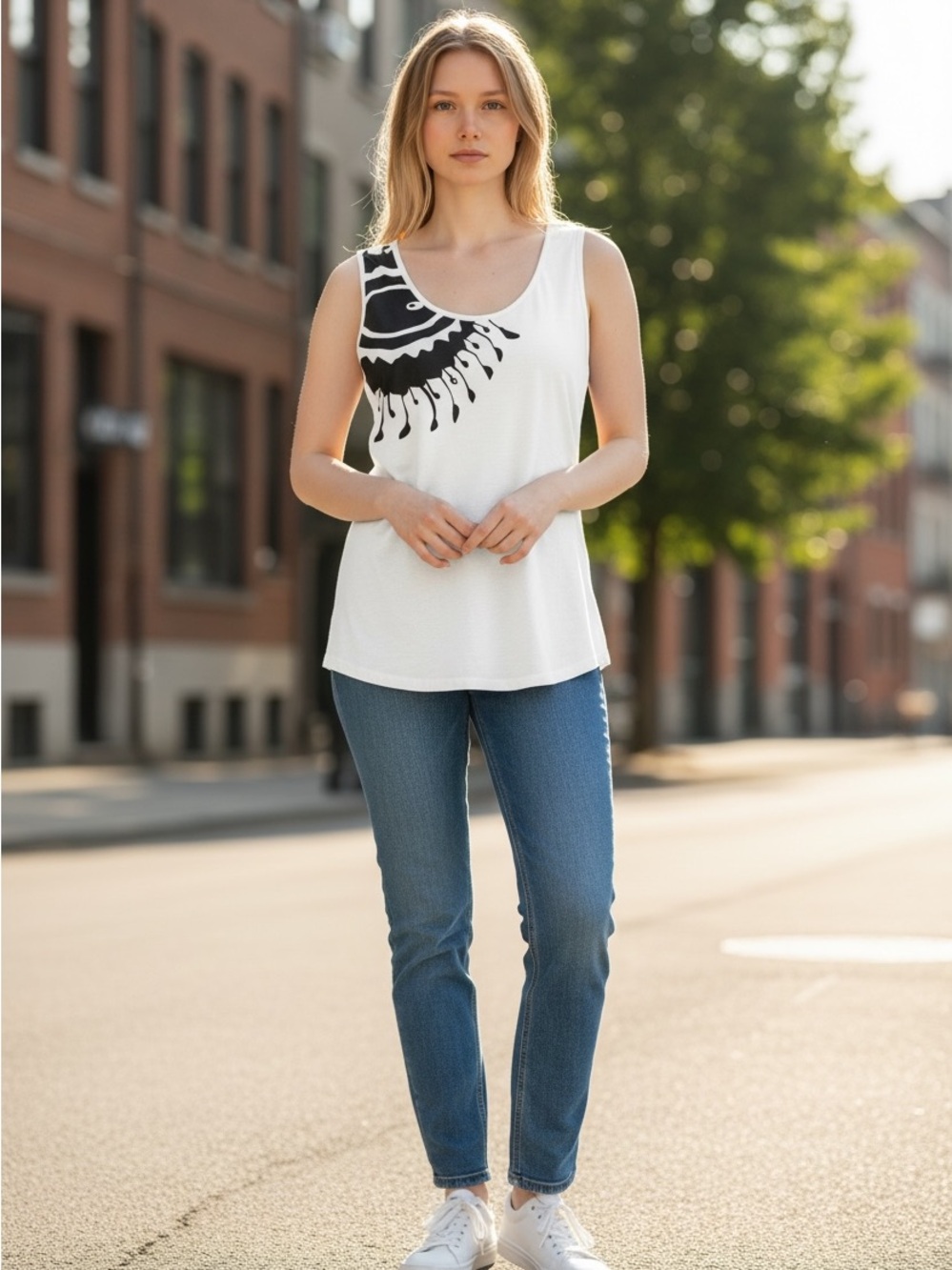 Coline Women's White Graphic Scoop Neck Tank Top XL